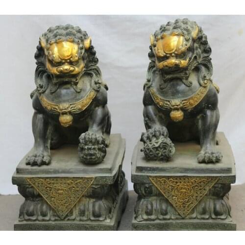 FREE SHIPPING S1921 17" China Chinese Fengshui Bronze Door Gate Foo Fu Dog Guardion Lion Statue Pair