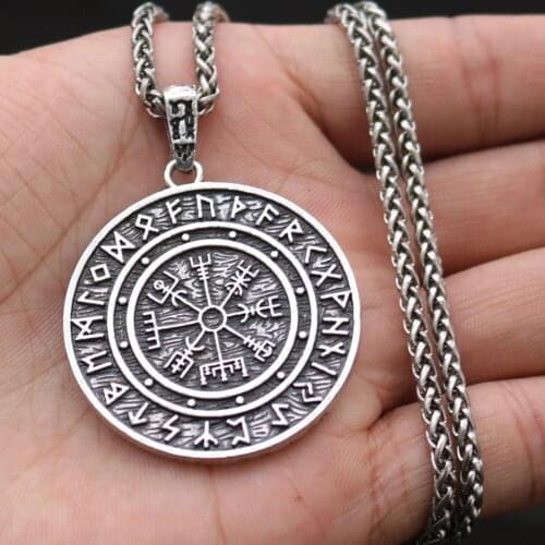 Viking Norse Helmet Horror In Runic Circle Jewelry fashion Punk Compass Vegvisir Necklace Chokers Pendant Runic Slavic Pendant