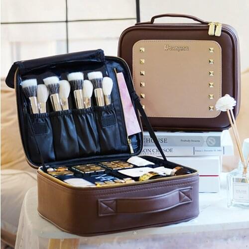 Rownyeon Make-up Bag Womens Portable Multi-functional Storage Box Large Capacity Cosmetic Train Case with Brush Holder