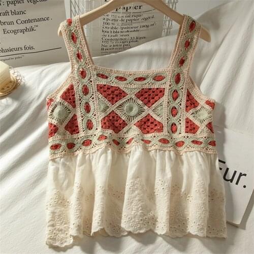 Boho Knitted Camis Women Summer Sexy Hollow Out Beach Tank Tops Cotton Linen Vintage Floral Embroidery Crop Top 2021