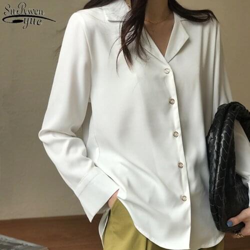 Womens Blouses and Tops Vintage Loose Long Sleeve Shirts Chiffon Blouses Hong Kong Style Solid Simple Suit Collar Blusas 10463