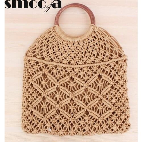 SMOOZA Women Casual Shoulder Bags New Solid Color Hand-knitted Bag Female Woven Straw Bag Handmade Cotton Rope Net Bag Beach Bag