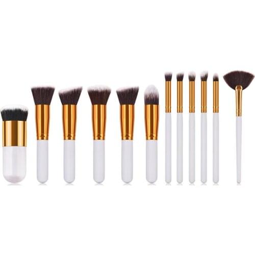 12Pcs Gold White Wooden Handle Brown Gold Tube Eye Makeup Brush Set Blooming Outline Tool To Create A Refined Look #LR1
