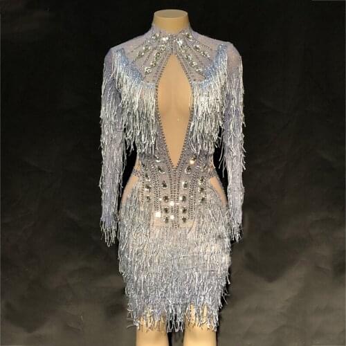 Sparkly Female Silver Rhinestone Elastic Short Dress Fringed Dresses Women Evening Dress Dj Stage Costumes Latin Clothing XS2100