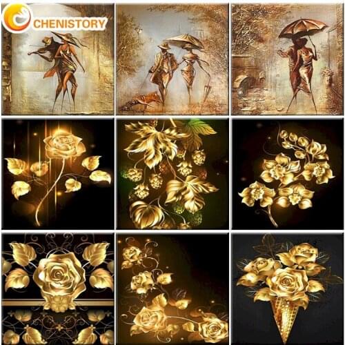 CHENISTORY Gold Girl Diy Painting By Numbers Modern Wall Art Picture Acrylic Coloring Flowers Paint On Canvas For Home Decor Art