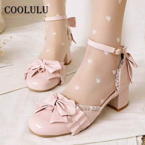 COOLULU Patent Leather Ankle Strap High Heels Two Piece Lolita Shoes Women Buckle Block Heel Pumps Bow Lady Cosplay Footwear 48