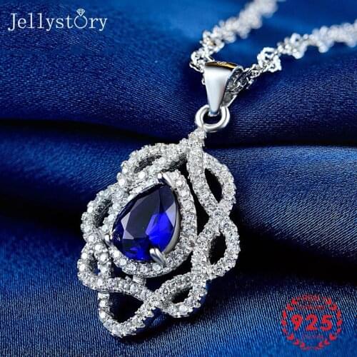 Jellystory Elegant 925 Sterling Silver Necklace with Water Drop Shaped Sapphire Zircon Gemstones Pendant Women Jewellery Wedding