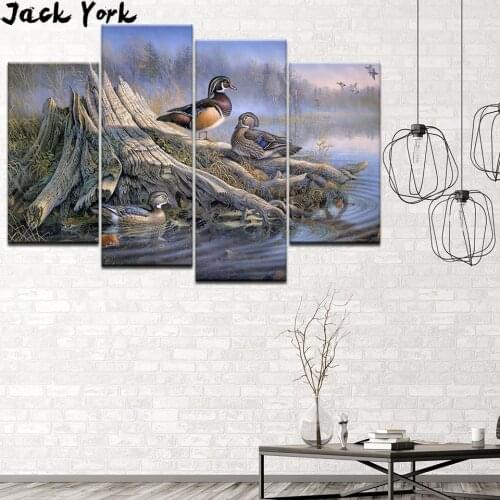 Canvas Painting Ducks In The Autumn Lake 4 Pieces Wall Art Painting Modular Wallpapers Poster Print for living room Home Decor