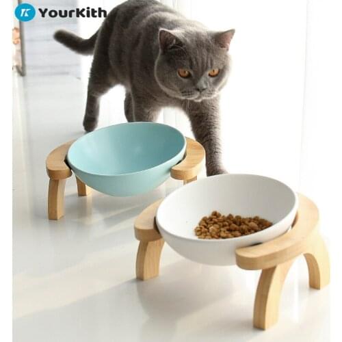 YourKith Pet Ceramic Bowl With Bamboo Stand Cat Bowl Dog Bowl Pet Drinking Food Container Wood Dog Feeder