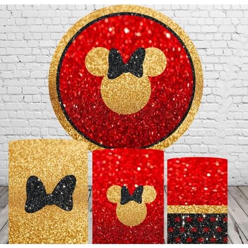 Red Mouse Head Round Circle Background Baby Shower Girl Birthday Photo Backdrop Kids Party Decor Table Plinth Covers Elastic