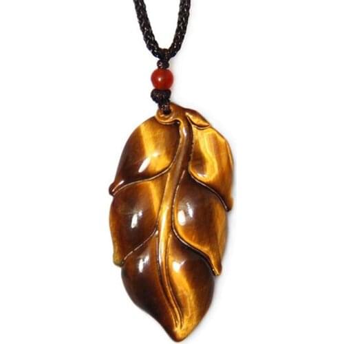 Natural Tiger Eye Stone Leaf Pendant Fashion Women Sweater Chain Pendant Jewelry Gift