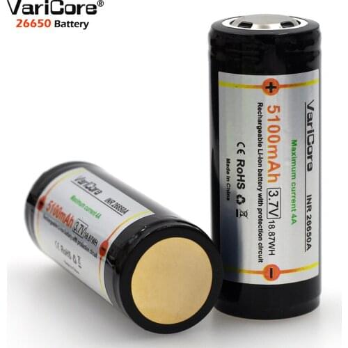 VariCore Protection 26650 5100 mAh 3.7 V Lithium Ion Rechargeable Battery with PCB 4A 3.6 V Power Battery for Flashlight