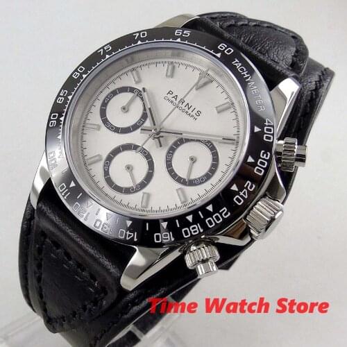 Luxury 39mm Parnis mechanical watch men waterproof Quartz leather bracelet Full Chronograph white black dial bezel luminous