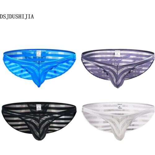 4Pcs/Pack Mens Underwear Sexy Transparent Briefs Bulge Pouch Triangle Panties Sexy Striped Underwear Low Rise Underpants S-XL