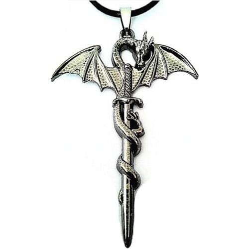 Hot Personality Dragon Pendant Necklace Men Leather Rope Pterosaur Sword Jewelry Men Long Necklace Punk Necklace