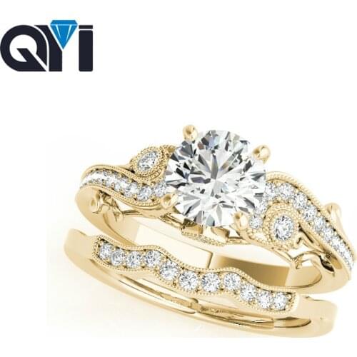 QYI Solitaire Engagement Ring Sets For Women 14K Solid Yellow Gold 1 ct Round Cut Sona Simulated Diamond Single Row Wedding Ring