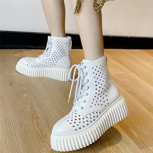 High Top Oxfords Shoes Women Genuine Leather Wedges High Heel Ankle Boots Female Hollow Round Toe Fashion Sneakers Casual Shoes