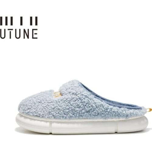 UTUNE Plush Slippers Men Warm Indoor Shoes 2021 Soft Women Furry Slides Plush EVA Thick Light Home Flats Platform Anti-slip Blue