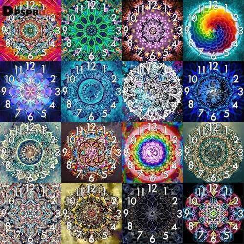 Dpsprue Full Diamond Painting Cross Stitch Mandala With Clock Mechanism Mosaic 5D Diy Square Round 3d Embroidery Gift
