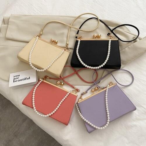 Casual PU Leather Clip Womens Shoulder Crossbody Bags Fashion Pearl Handle Evening Party Handbags Simple Solid Color Purse