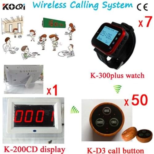 Restaurant Waiter Buzzer Pager System With 1pc English Prompt Screen,7pcs Waitress Watches,50pcs Call Bells