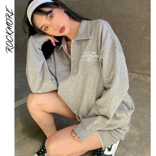 Rockmore Embroidery Sweatshirts Autumn Oversized Long Sleeve Pullovers Women Casual Grey Loose Plus Size Hoodie Top Korean