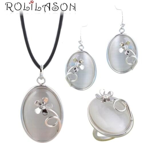 ROLILASON Amazing Lowest Price White Zircon Plated Sets Earring /Necklace/Pendant/ Rings Fashion Jewelry for Women JS690