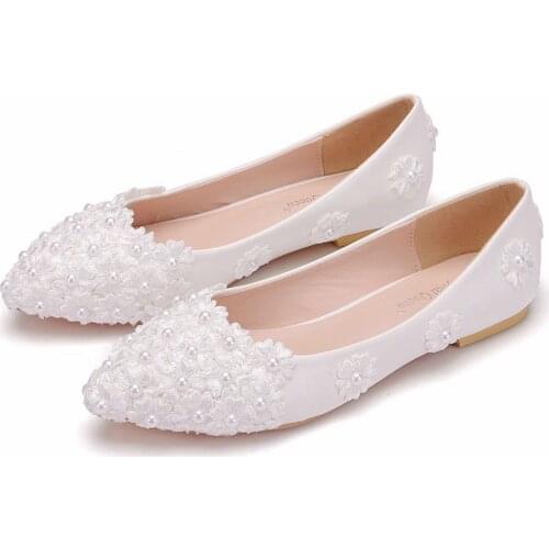 Crystal Queen Ballet Flats White Pearl Lace Wedding Shoes Flat Heel Casual Shoes Pointed Toe Flats Women Wedding Princess Flats