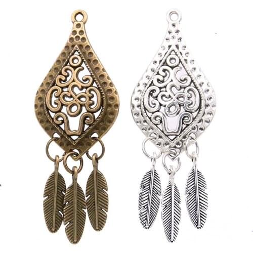 6Pcs 22*62MM Metal Alloy Two Color Hollow Vase Vintage Tree Leaf Feather Wings Dream Catcher Necklace Pendant For Diy Making