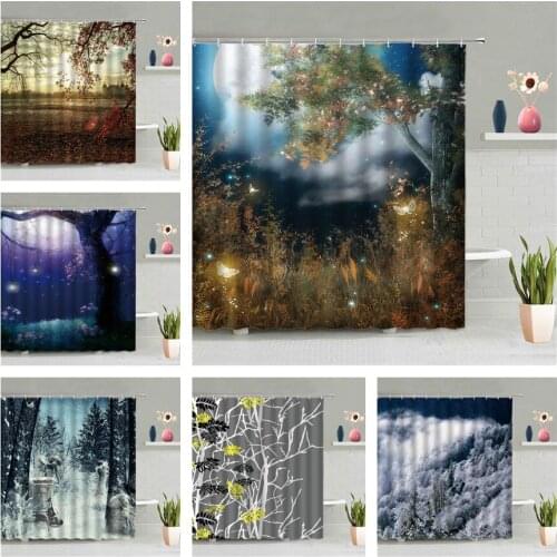 Dream Forest Shower Curtain Green Plant Tree Butterfly Scenery Waterproof Bathroom Screen Decor Wall Hanging Curtains Home Decor