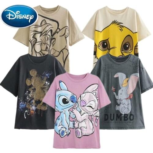 Disney Women T-shirt Short Sleeve Cotton Tee Tops Print Fashion Mickey Mouse Donald Daisy Duck Bambi Cartoon O-neck Casual