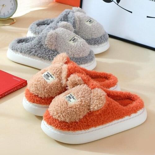 Women Men Winter Warm Slippers Cartoon Bear High Heels Furry Thick Soled Cotton Shoes Home Indoor Ladies Non-slip Fur Slides
