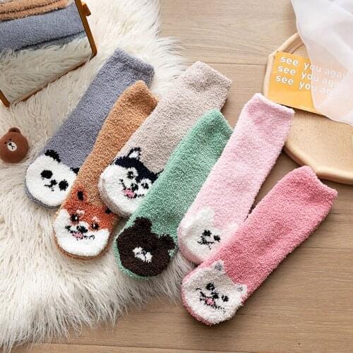 PEONFLY Cute Cartoon Cat Dog Bear Thickening Women Socks Korean Lovely Plush Keep Warm Sleep Ladies Kawaii Winter Funny Socks