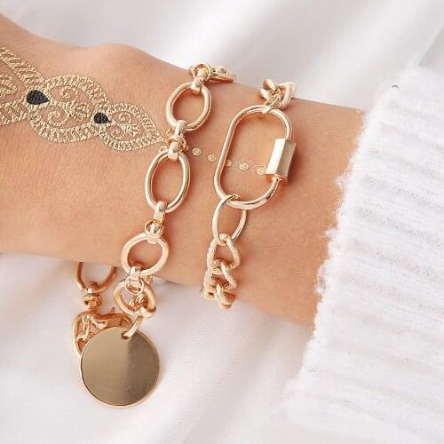 2Pcs/Set Korean Star Circle Bracelets Bangles for Women Charm Gold Color Metal Strip Bracelet Wrist Big Chain Jewelry 036