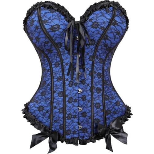 Womens Black Lace Trim Corset Overbust Waist Cincher Burlesque Corsets Bustiers Top Sexy Lingerie Floral Bow Corselet Espartilho