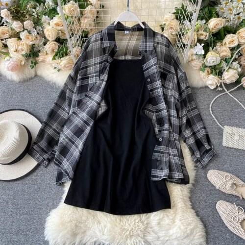 2021 Autumn Women Stylish Clothing Suit Long Sleeve Plaid Blouse Shirts+Solid Bodycon Dress Two Piece Sets Casual Slim Dresses