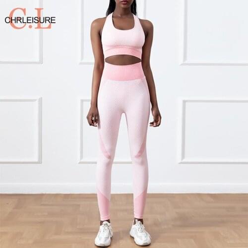 CHRLEISURE Jacquard Fitness Set Woman Gradient Color Bubble Hip Lifting Seamless Tracksuit Set Fashion Casual Sexy Gym Set