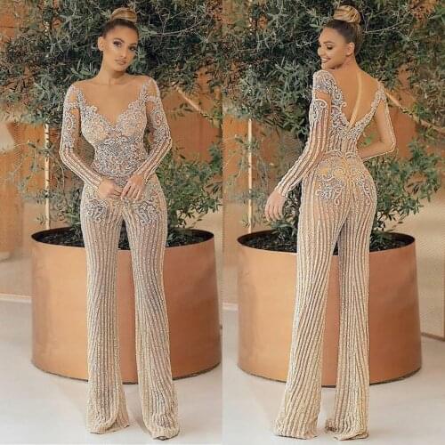 Jumpsuits Prom Dress Luxury Beading Glitter Sequins Robe De Soiree Sheer Neck Long Sleeve Evening Gown