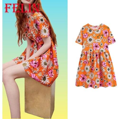 Za 2021 Women Chic Orange Vintage Floral Ruffles Mini Dress Short Sleeve O Neck Holiday Loose Dress Summer Stylish Mujer Vestido