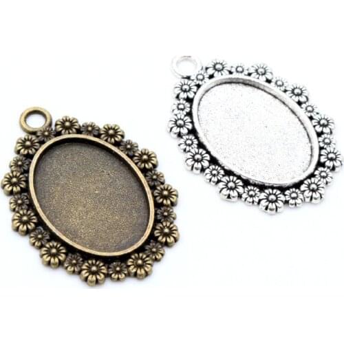 5pcs 18x25mm Inner Size Antique Silver Plated Bronze Black Flower Style Cameo Cabochon Base Setting Pendant necklace findings