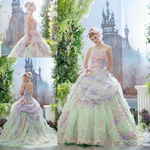 Colorful Flower Ball Gown Wedding Dresses Lace Applique Tulle Covered Lace Up Back Bridal Gowns Strapless Custom Made Wedding Dr