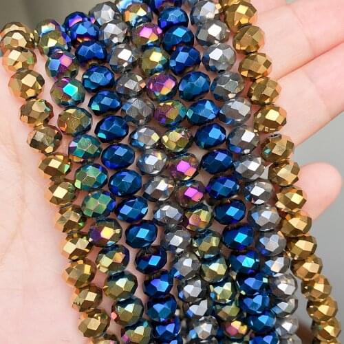 Gold Blue Plated Glass Crystal Beads Faceted Rondelle Loose Spacer Beads For DIY Jewelry Making Bracelet 15'' 4 6 8 10 12mm