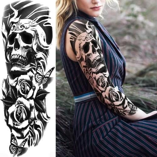 Devil Evil Shull Temporary Tattoos For Men Women Body Art Full Arm Leg Sleeve Flower Tatoo Washable Fake Tattoo Stickers Fashion