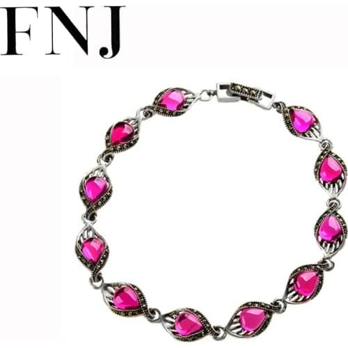 FNJ 925 Silver Bracelet for Women Jewelry 18cm Chain Original S925 Sterling silver Bracelets Red Zircon Rose Blue Corundum