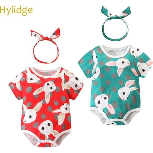 Hylidge 2PCS/SET Summer Baby Clothes Short-Sleeved Onesies Newborn Romper with Rabbit Headband Toddler Infant Bodysuit Clothes