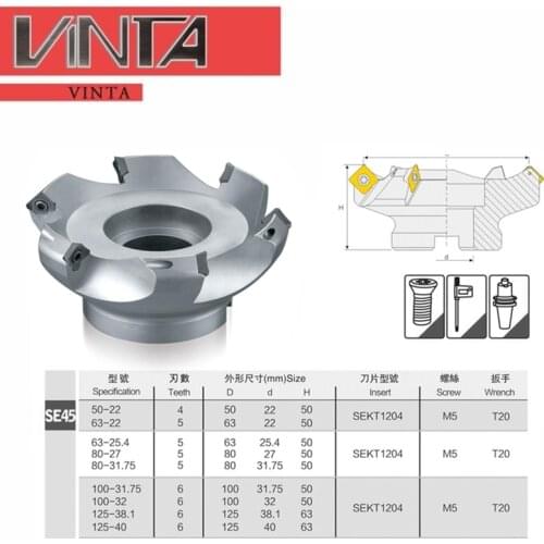 KM12 50-22-4T/KM12 63/KM12 80 45 Degree Shoulder Face Mill Head CNC Milling Cutter,milling cutter tools,carbide Insert SEHT1204
