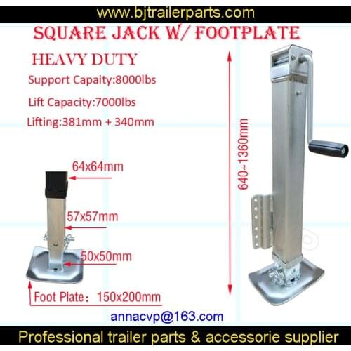 SQUARE BOLT ON JACK WITH FOOTPLATE HEAVY DUTY UTILITY BOAT TRAILER DROP LEG WELD ON jack stand 7000lbs side wind