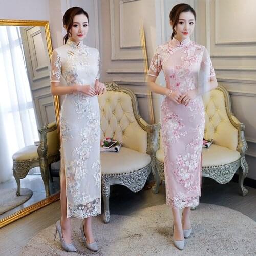 Fashion Women Lance Long Cheongsam Dress Short Sleeve Chinese Traditional Dress Embroidery Flower Qipao for Evening Party Cloth