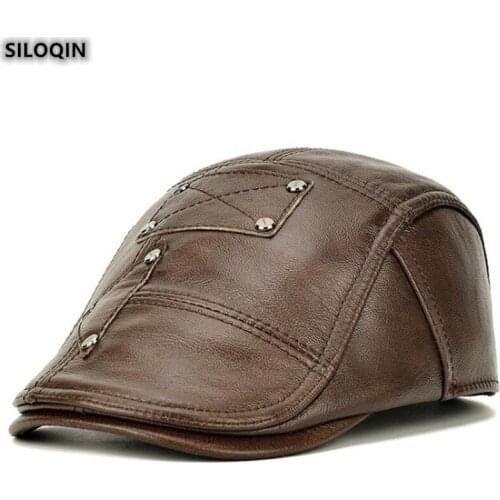SILOQIN New Genuine Leather Hat For Mens Fashion Autumn Winter Cowhide Thermal Berets Adjustable Size Ear protectors Brands Cap
