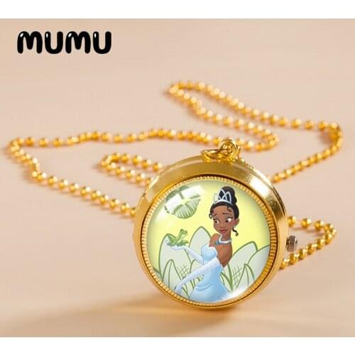 2021 New Tiana and Naveen Pocket Watch Necklace Princess and The Frog Gold Color Vintage Watch Glass Dome Pendant Jewelry Gifts